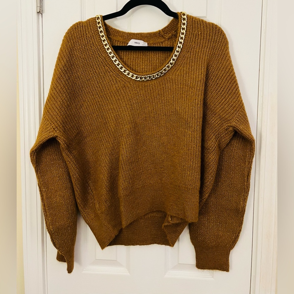 Mango Scoop Neck Brown Pullover Sweater with Good Chain Neckline Size L
